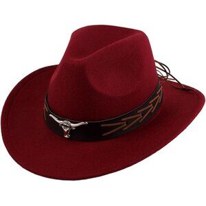 Unisex Burgundy 100% Polyester Bull Skull Buckle Band Fedora Cowboy Felt Hat